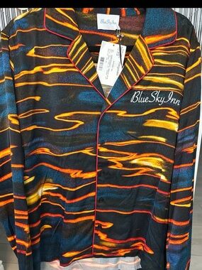 Blue Sky Multicolor Black Satin Button-Up with Flame Stripes